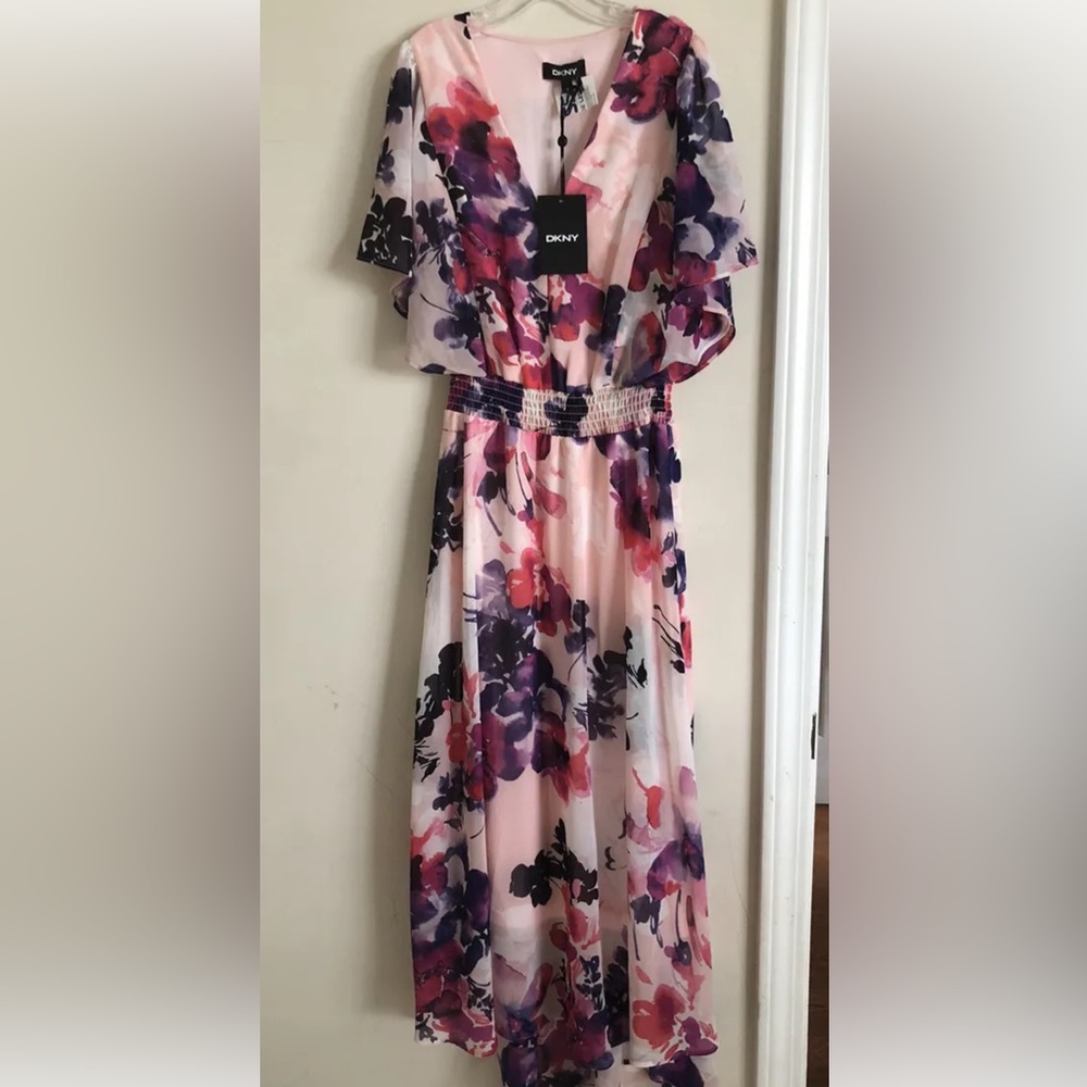 DKNY Floral Chiffon Ruffle Cap Sleeve Maxi Dress, 2 NWT